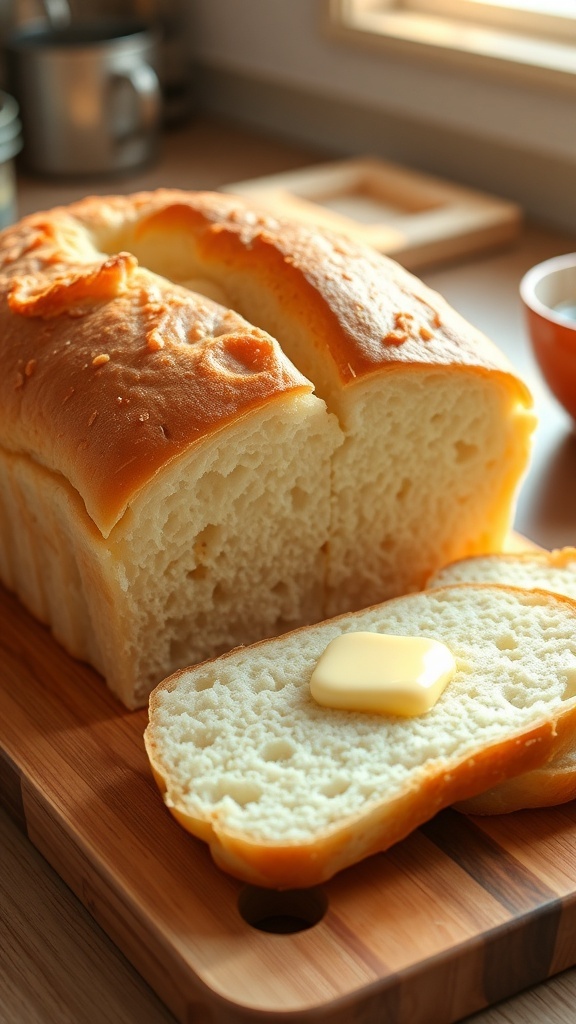 A golden loaf of fluffy Japanese milk bread sliced on a cutting board with melting butter.